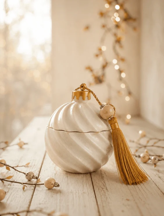 Λευκή κεραμική μπάλα Twist Ornament με κερί soya και χρυσή φούντα