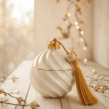 Λευκή κεραμική μπάλα Twist Ornament με κερί soya και χρυσή φούντα