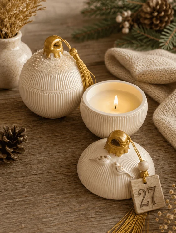 Λευκή κεραμική μπάλα Snowy Xmas με κερί soya, κρυσταλλάκια και χρυσή φούντα